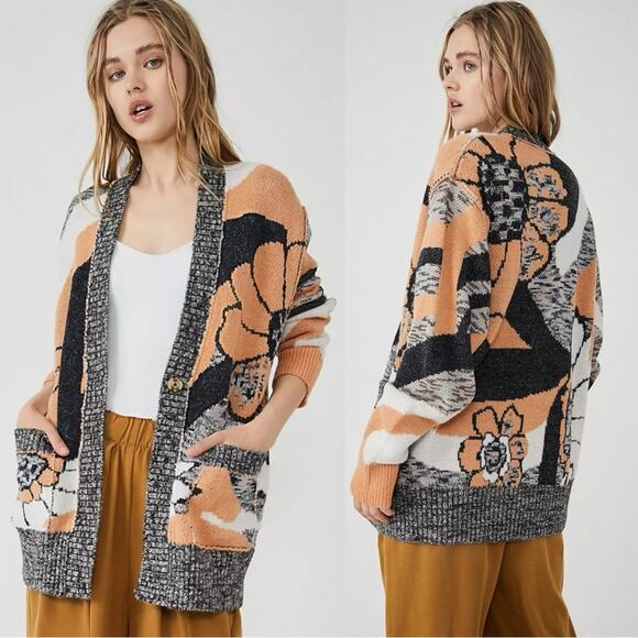 Free People August Knit Cardigan Sweater Peach Petals Large Oversized Cardi - Picture 1 of 13